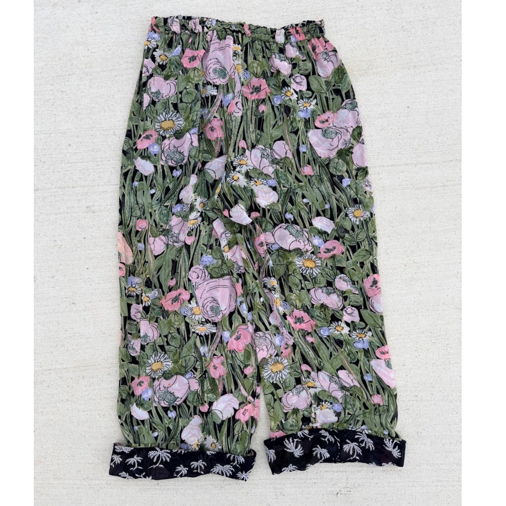 Vintage Boho Floral reversible Wide Leg Pants Lightweight Sheer Rayon / Silk - M